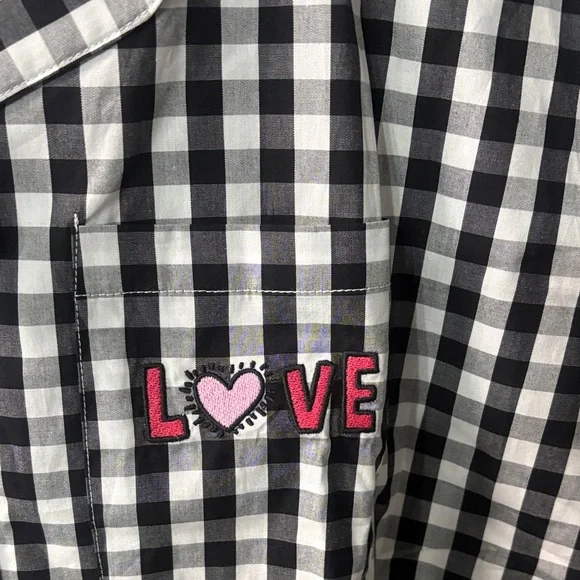 NWT Black & White Gingham Pajama Set with Pink LOVE Embroidery women’s L 28” - Picture 3 of 7